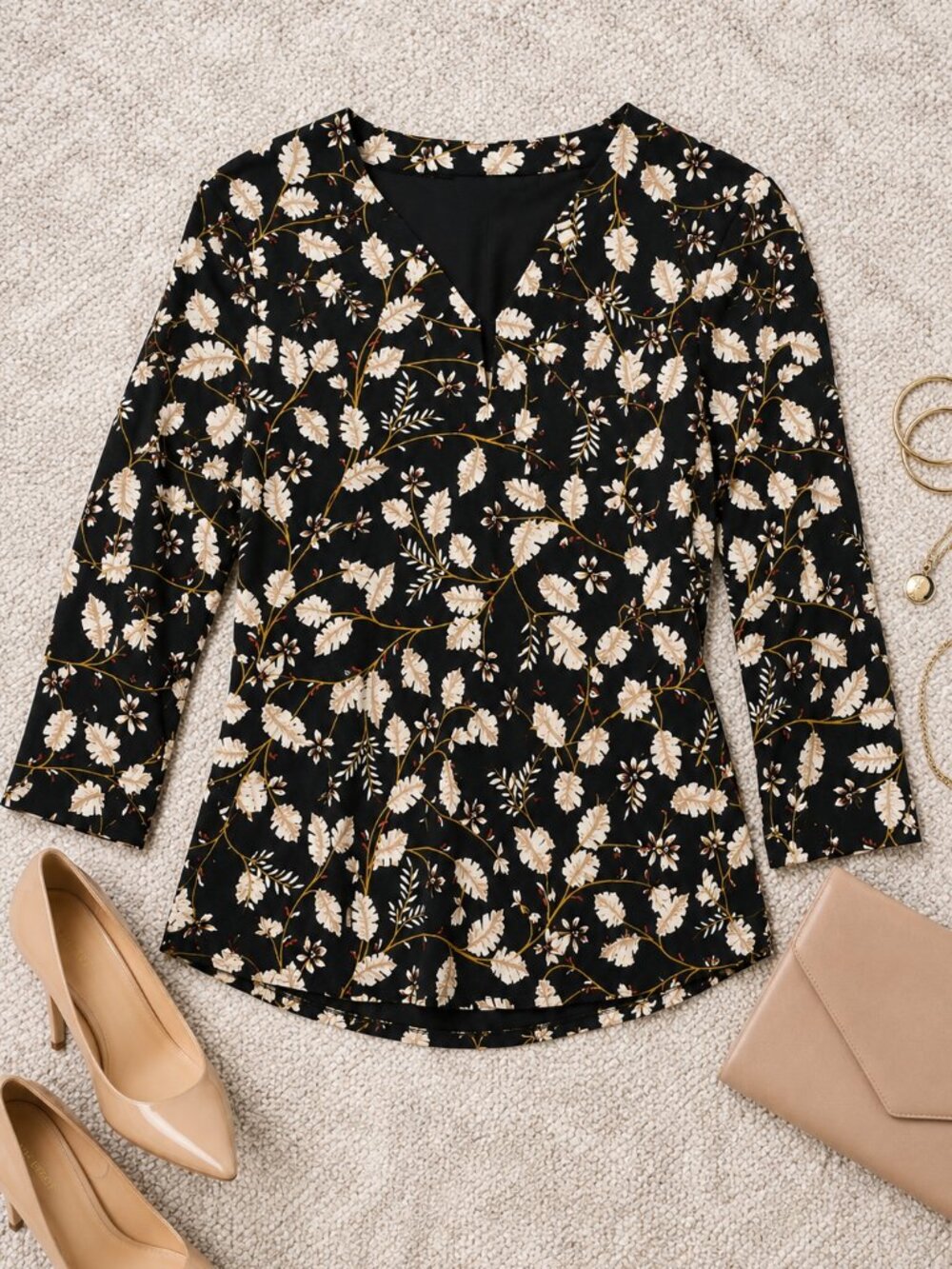 Jones New York Petite Floral Top PXL Black 3/4 Sleeve Peplum Blouse Work Office